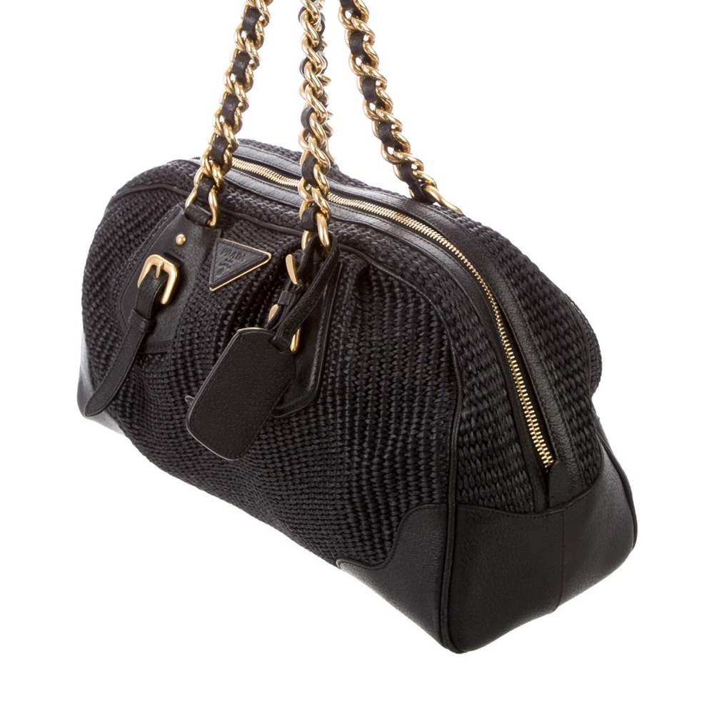 Prada Paglia & Cinghial (Gold metallic leather with Black Woven Straw Satchel)